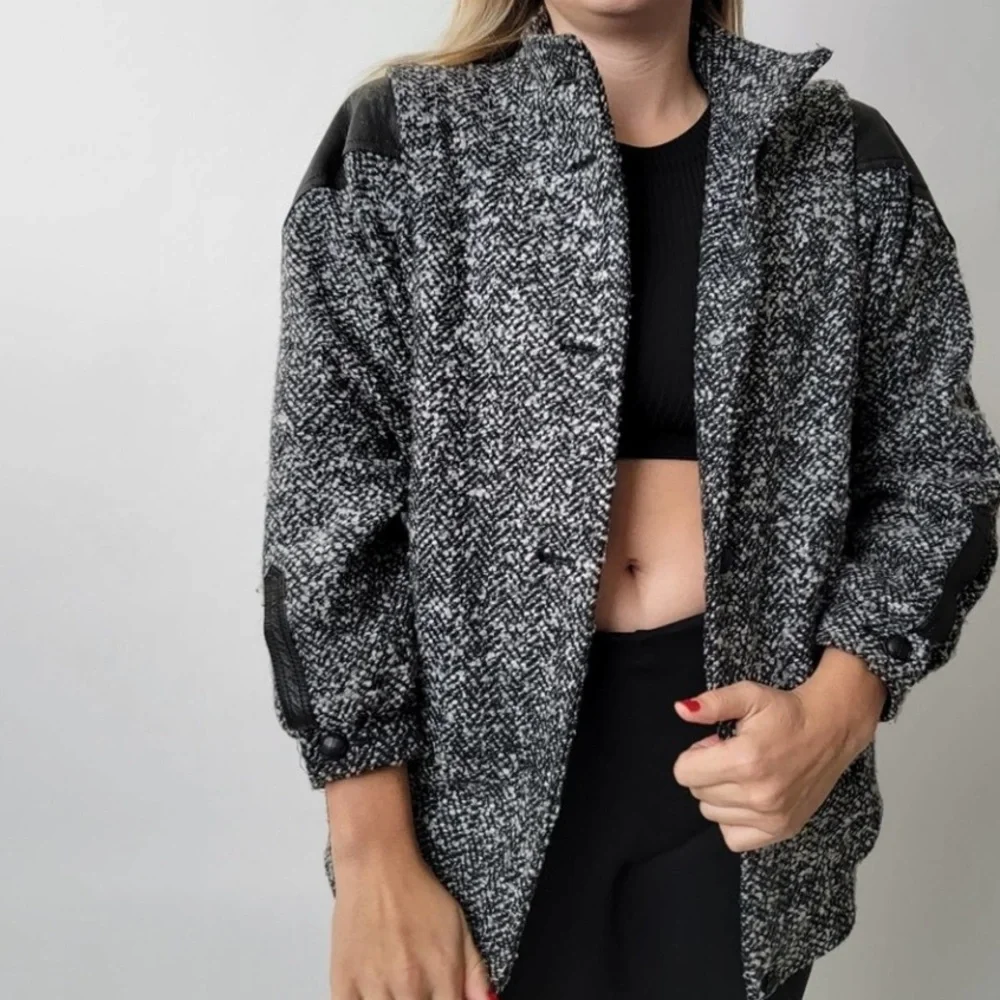 Vintage Elco Wool Blend And Leather Shoulder Details Gray Black Jacket Sz‎ 10